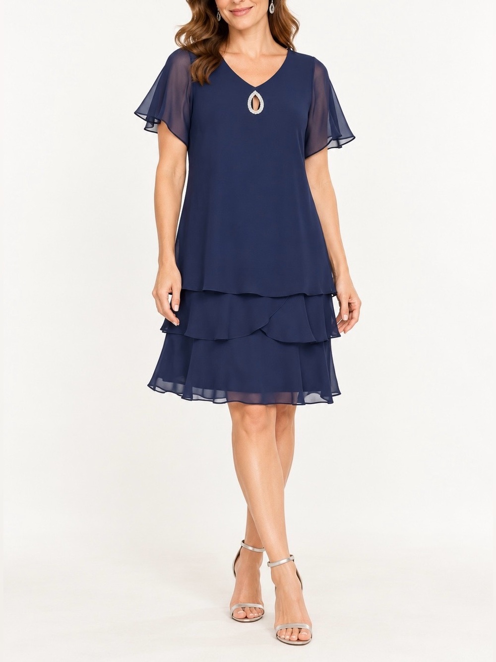Onyx Nites Navy Chiffon Flutter Sleeve Rhinestone Tiered Cocktail Dress Size 8